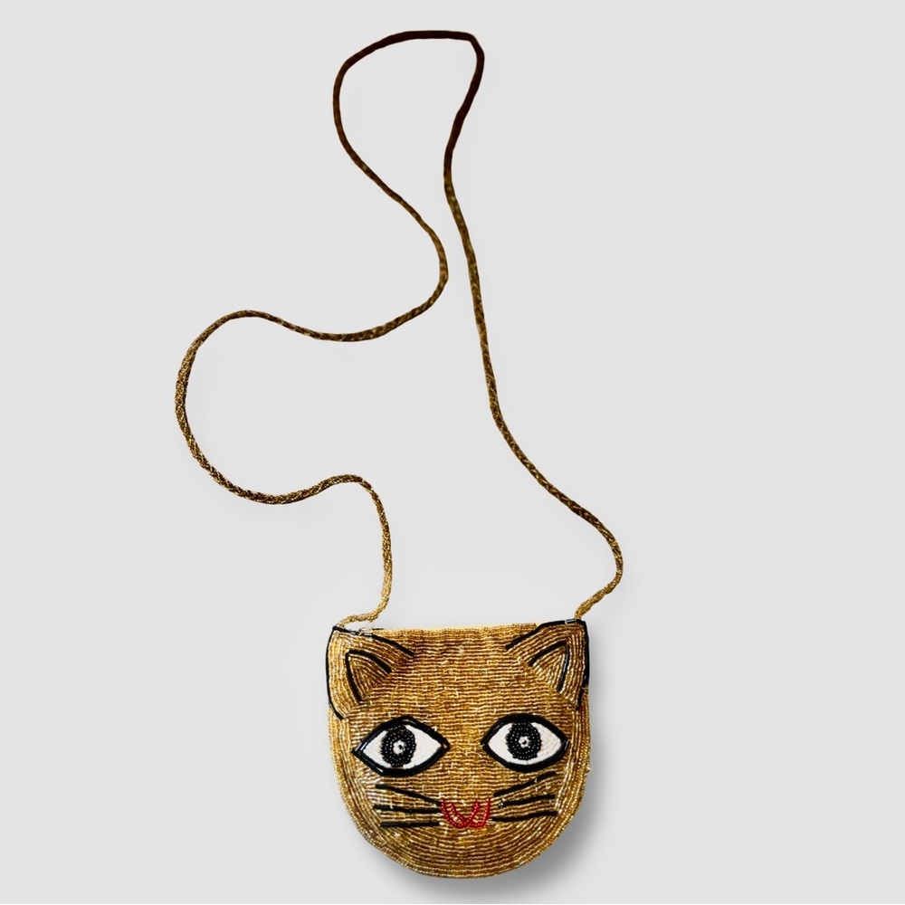 Charming Cat Face Beaded Bag - Gold